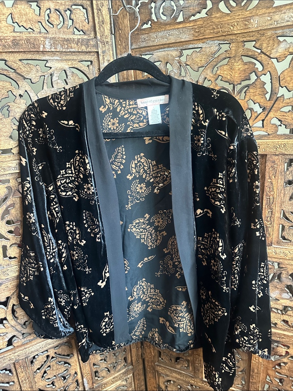 Band of Gypsies Black Velvet Open Kimono with Nude Floral Paisley Burnout Size L